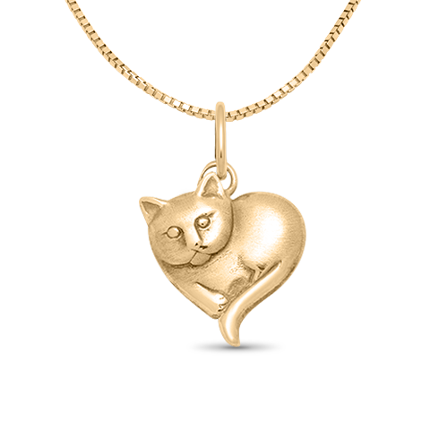 14k Gold Cat Heart Charm on a 14k Gold Box Chain Necklace
