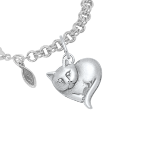 Sterling Silver Cat Heart Charm on a Sterling Silver Heirloom Charm Bracelet
