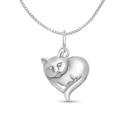 Sterling Silver Cat Heart Charm on a Sterling Silver Box Chain Necklace