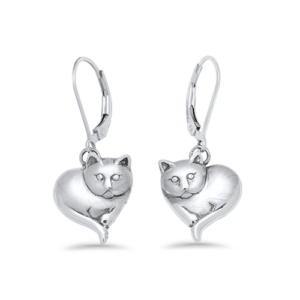Sterling Silver Cat Heart Dangle Earrings