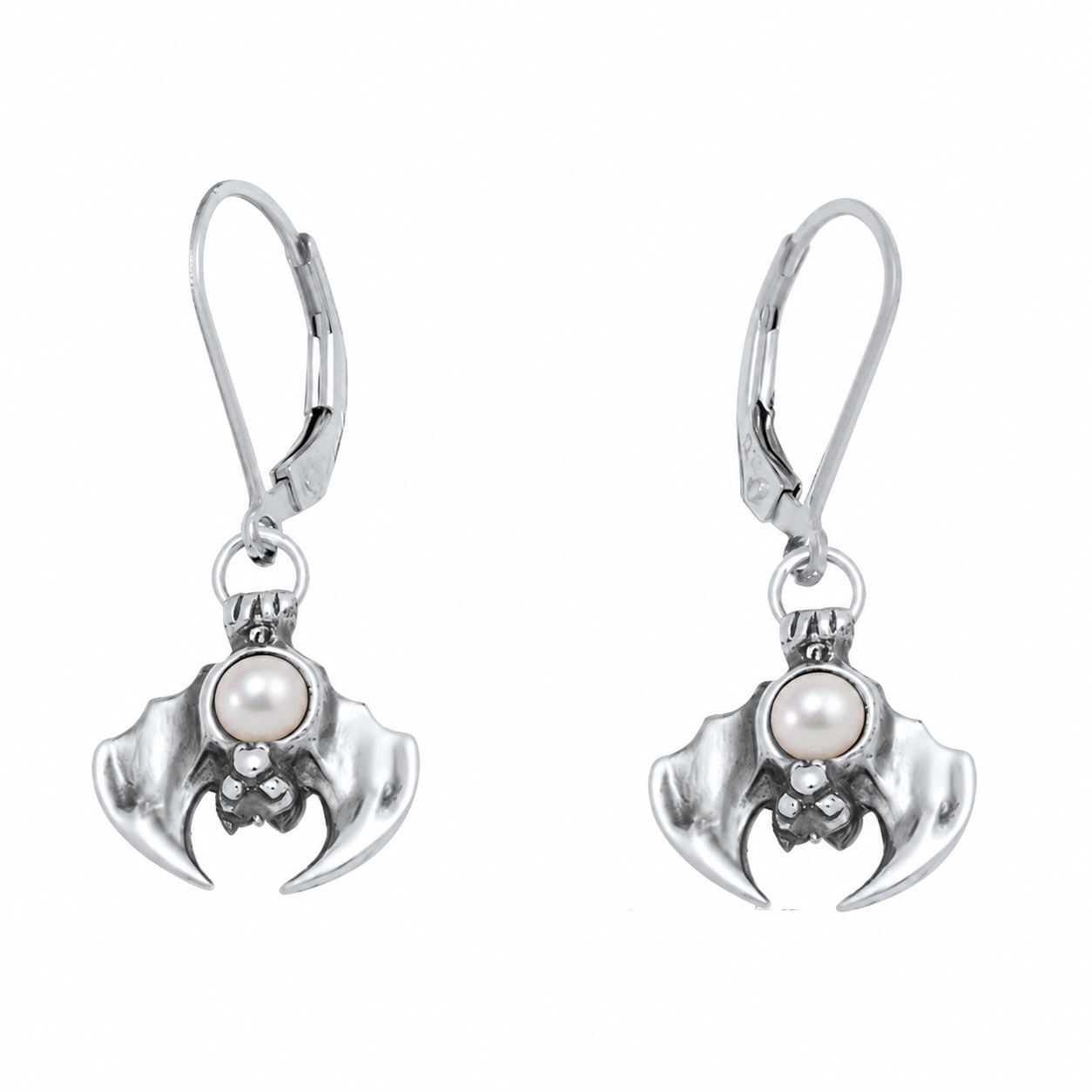 Sterling silver Peapod Bat Earrings with white pearls